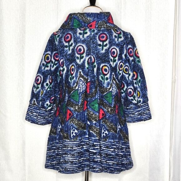Damee Inc Wearable Art Vintage Blue Abstract Floral 3/4 Sleeve Swing Coat Jacket - Picture 3 of 12